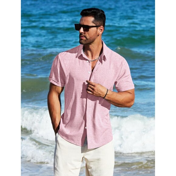 Men's Pink Linen Short Sleeve Button Down Casual Shirt Business Dress - Picture 4 of 6